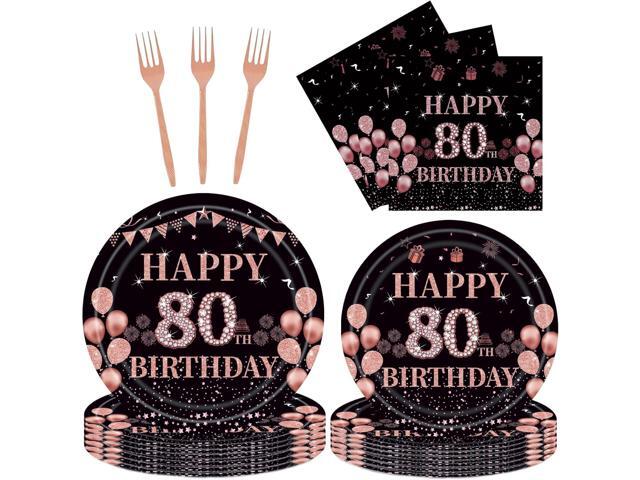 96PCS 80th Birthday Party Plates Set Rose Gold Theme Decorations Include Rose Gold Plates and Napkins Forks for 80 Year Old Women Birthday Party.