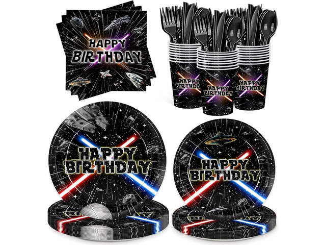 168pcs Galaxy Birthday Party Plate Napkin Disposable Tableware Set Paper Cup Black Forks Space Theme Decorations for Birthday Party Supplies Serve...