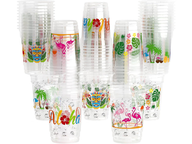 50 PCS Luau Cups for Hawaiian Party Decorations 12 OZ, Tiki Tropical Party Plastic Cups with Pineapple Flamingo Hibiscus for Summer Beach Pool...