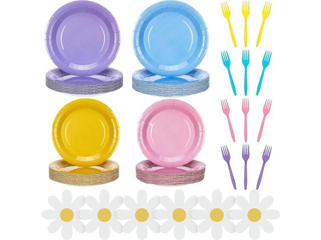 Zhehao Blue Dog Birthday Decoration Set Cartoon Animal Birthday Party Decoration Tableware Plates Daisy Napkins and Forks Blue Pink Cute Cartoon.