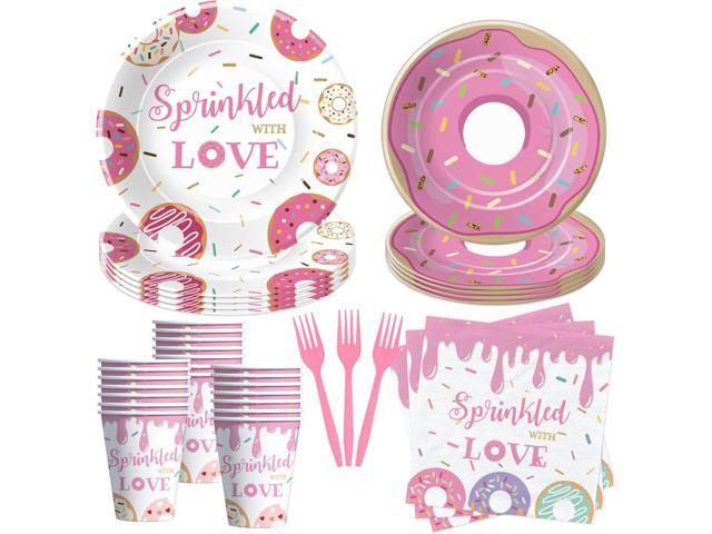 Donut Baby Sprinkle Decorations Tableware Girl - Pink Donut Sprinkled with Love Baby Shower Decorations Party Supplies, Paper Plate, Napkin, Cup,.