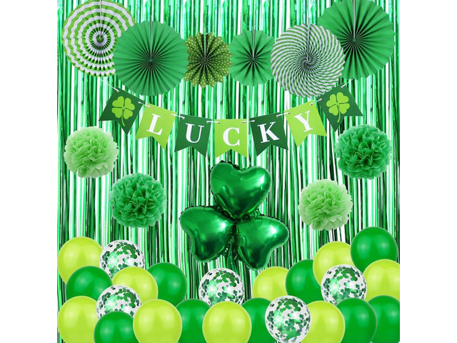 St Patrick's Day Decorations Kit, 37 Pcs Saint Patricks Day Shamrock Decorations Foil Fringe Curtains, Tissue Poms, Paper Fan, Lucky Banner, Foil...