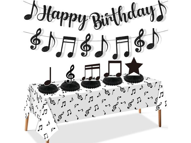 Music Party Decorations Black Musical Note Happy Birthday Bunting Banner Notes Tablecloth and 5Pcs Table Honeycomb Centerpieces Decor for Girls...