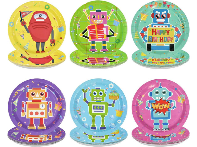 60Pcs Robot Birthday Party Decorations 9 Inch Disposable Heavy Duty Robot Birthday Paper Plates Cartoon Robots Funny Colorful Dessert Themed Plates...