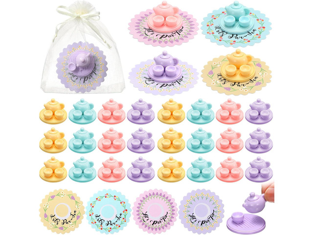 24 Sets Small Tea Party Favors Mini Teapots Teacups Set Miniature Tea Cups Gift Resin Figures with Cards 4 Colors for Kids Carnival Prizes Birthday...