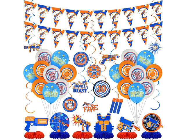 Foilswirl 40 Pcs Dart Battle Party Decorations Include 2 Gun Theme War Party Banner Pennant 10 Hanging Swirl Decorations 6 Fans Honeycomb...