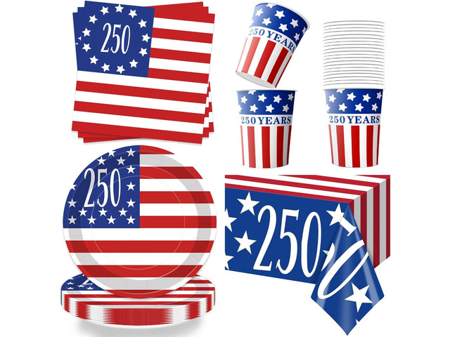250th Anniversary Party Tablewares Set, 73PCS American Flag Disposable Plates, Napkins, Cups Tablecloths for Patriotic Party Supplies 4th of July...