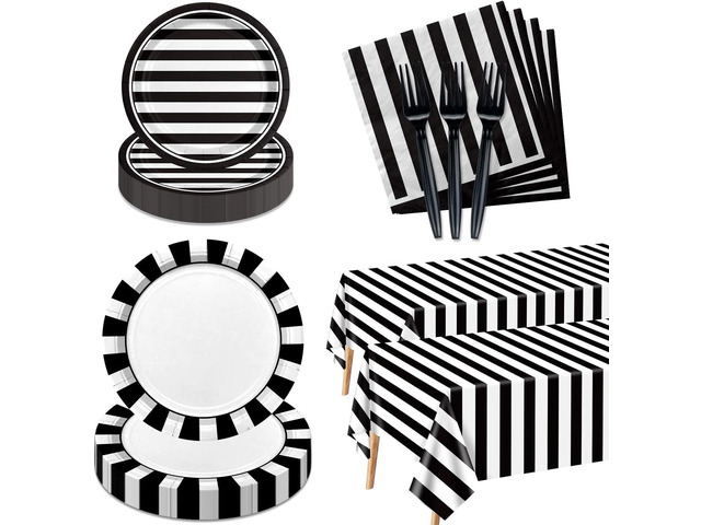 Black and White Striped Party Supplies, Paper Plates and Napkins Set with Plates Napkins Striped Tablecloth Forks for Birthday Baby Shower Graduation