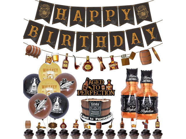 Whiskey Birthday Decorations for Men, Aged to Perfection Party Supplies with Happy Birthday Banner, Whisky Garland Banner, Cake Toppers, Foil...