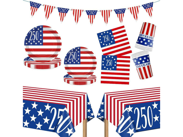 250th Anniversary Party Supplies Kit Serve 24, Includes American 250 Flag Dinner Plates, Dessert Napkins, Cups, Banner and Tablecloth for Patriotic...