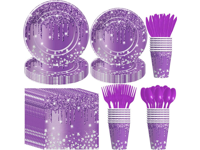 Purple Plates and Napkins Party Supplies - Decorations Tableware, Paper Plate, Napkin, Cup, Disposable Cutlery, Glitter Bridal Shower Birthday...
