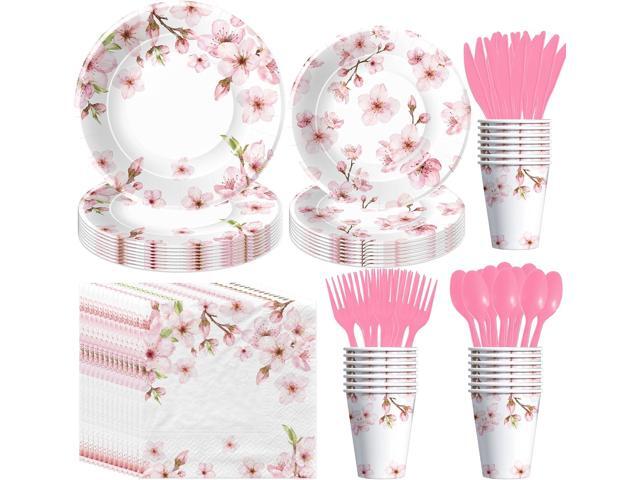 APOWBLS Cherry Blossom Flowers Party Decorations Tableware, Cherry Blossom Party Supplies For Birthday, Baby, Bridal Shower, Plate, Cup, Napkin,.