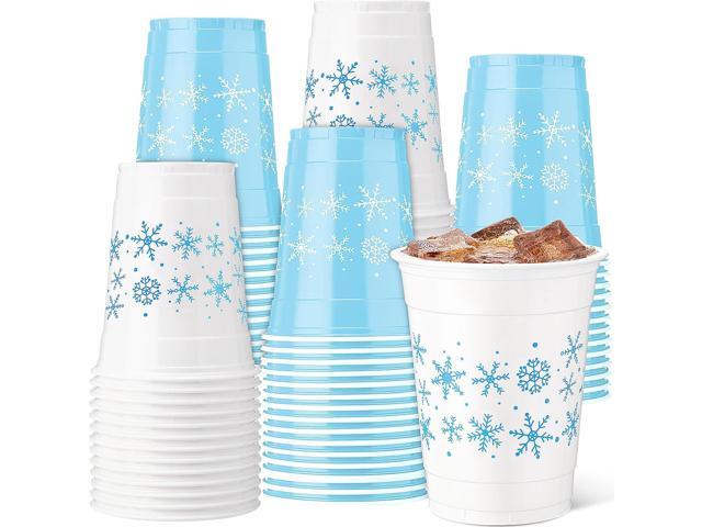 Vesici 100 Pcs 12 oz Snowflake Disposable Plastic Cups Snowflake Drinking Cups Blue and White Winter Party Supplies for Winter Holiday Christmas
