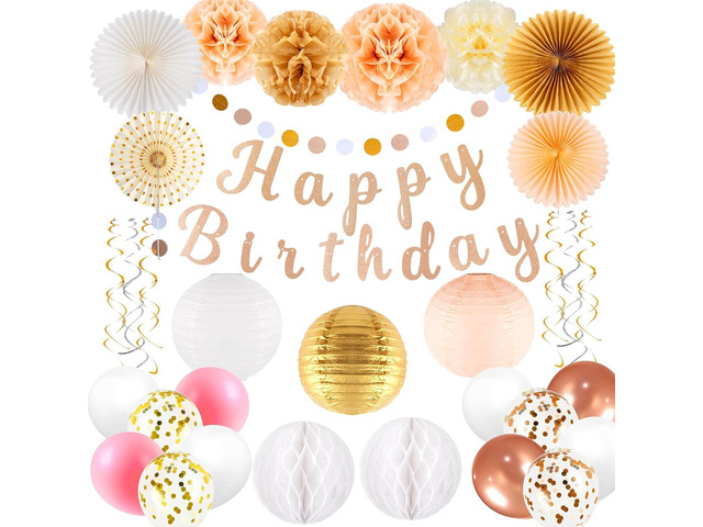 Rose Gold Birthday Party Decorations 33PCS for Women Girls-All-in-One Party Supplies with Happy Birthday Banner, Garland, Lantern, Swirl, Fan,...