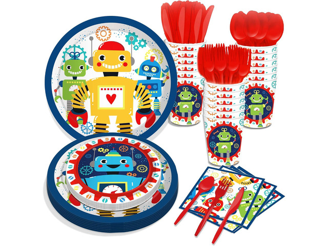 Lide Road 116 Pcs Robot Birthday Party Supplies Kit, Robot Plates, Napkins, Cups, Forks, Knives, Spoons for 16 Guests