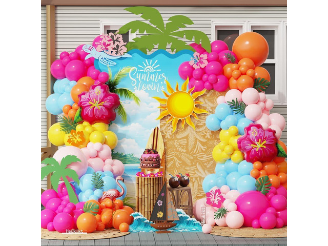 152Pcs Moana Birthday Party Decorations, Hot Pink Orange Macaron Pink Blue Balloons Garland Arch with Hibiscus Foil Balloon for Summer Tropical...