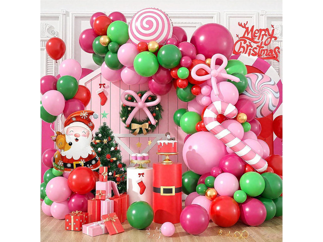 Christmas Balloon Arch Kit, Hot Pink Red Green Metallic Gold Balloons with Snowflake Santa Claus Lollipop Crutch Candy Long Balloons for Christmas...