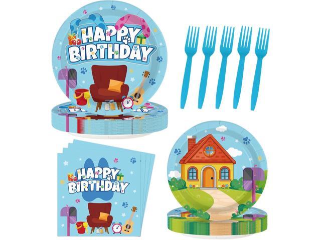 96Pcs Cute Blue Dogs Birthday Party Decorations Cartoon Theme Plates and Napkins Blue and Pink Disposable Tableware Set for Boys Girls Birthday.