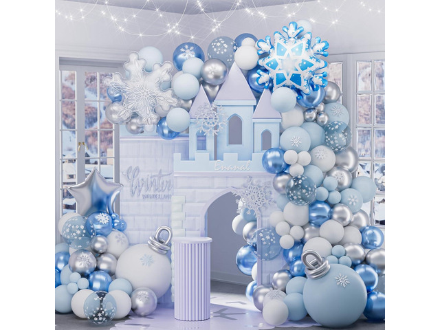 Winter Snowflake Balloon Garland Arch Kit, 155pcs Blue Silver White Balloons with Snow Star Foil Balloons for Christmas Winter Onederland Party...