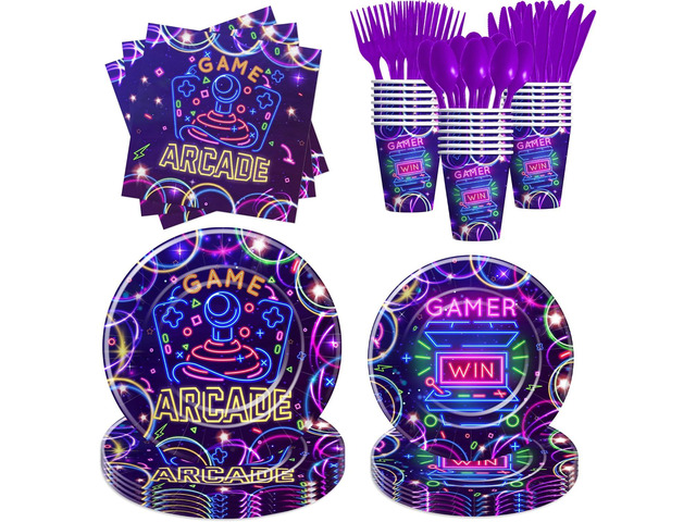 Arcade Birthday Party Supplies, Neon Glow Video Game Arcade Birthday Decorations Party Tableware, Paper Plate, Napkin, Cup, Disposable Cutlery,...