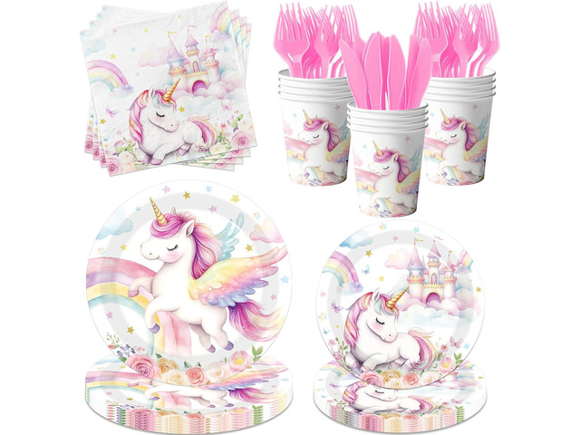 Unicorn Birthday Decorations,144pcs Unicorn Plates and Napkins Cups Pastel Rainbow Unicorn Birthday Decorations Tableware for Girl Unicorn Party...