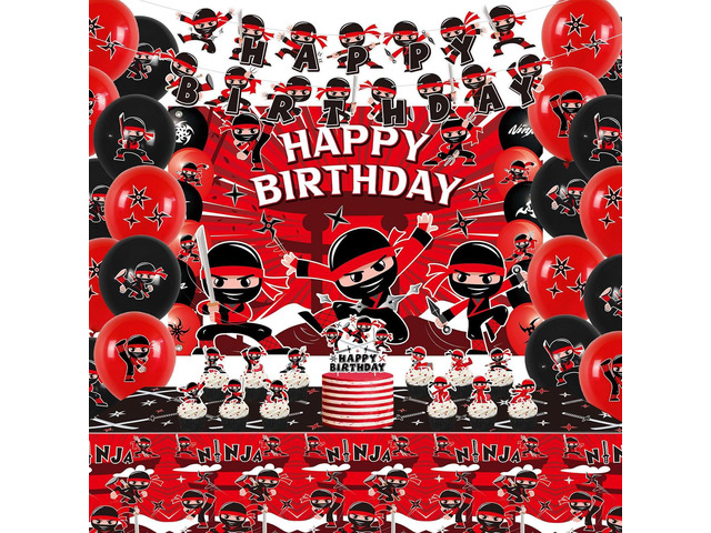 Ninja Birthday Party Decoration - Include Happy Birthday Banner, Backdrop, Cake Toppers, Tablecloth and Balloons, Ninja Warrior Master Party...