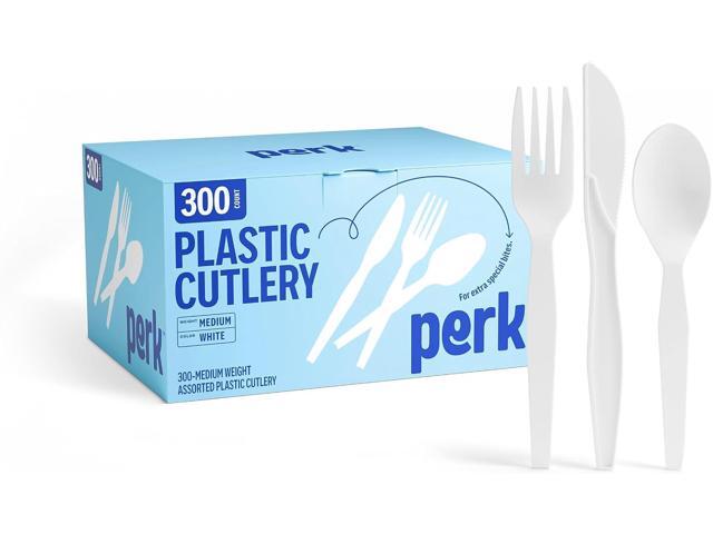 Perk MediumWeight Plastic Cutlery Set, 300 Count Bulk Disposable Utensils (Forks, Knives & Spoons), White