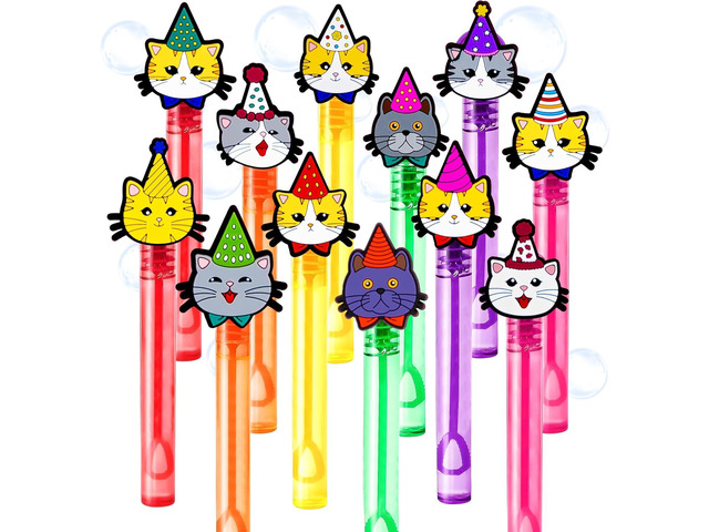 Cat Party Favors for Kids 24PCS Cute Kitten Bubble Wands, Great for Birthday Supplies, Pinata Fillers, Goodie Bags & Classroom Rewards