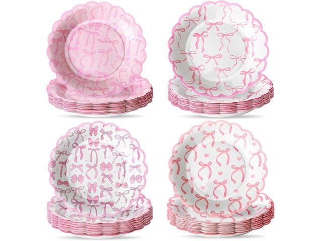 Jingmore 100 Pcs Bow Paper Plates 7'' Scalloped Bowknot Disposable Paper Plate Coquette Bow Dessert Set for Girl Bachelorette Engagement Bridal.