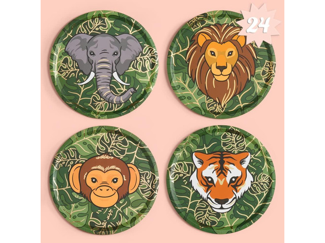 xo, Fetti Jungle Foil Paper Plates - 24 pk, 9' Safari Theme Party Decorations, Zoo Animal Birthday Party Supplies, Baby Shower Favors