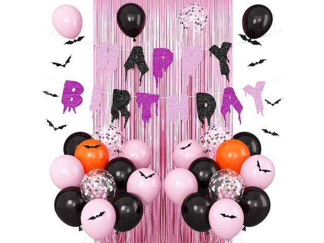 Pink Halloween Birthday Decorations, Purple Pink Black Glittery HAPPY BIRTHDAY Banner with Black White Confetti Balloon Tinsel Foil Fringe Curtains...