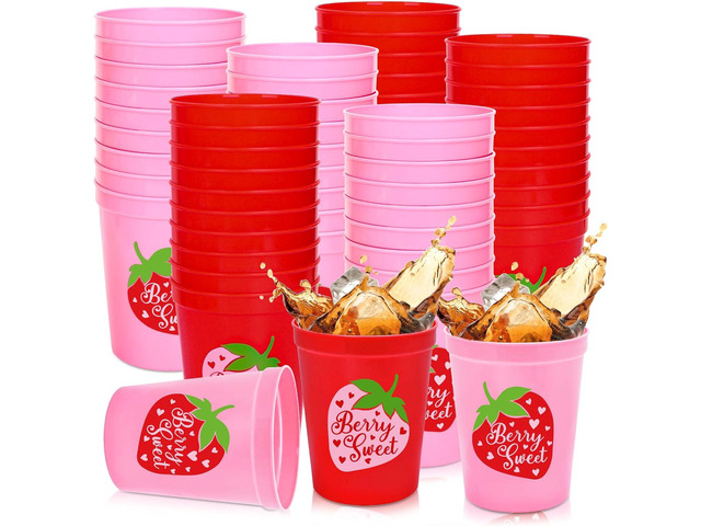 JarThenaAMCS 24Pcs Strawberry Plastic Cups Red Pink Berry Sweet Reusable Cups Fruit Theme Party Drinkware Supplies for Birthday Holiday Baby...