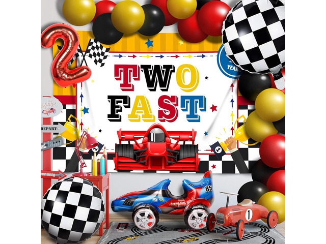 Two Fast Balloons Race Car Set Decor - Happy 2nd Birthday Party Theme Banner Backdrop Racing Car Checkered Flag Decorations For Baby Shower Supplies