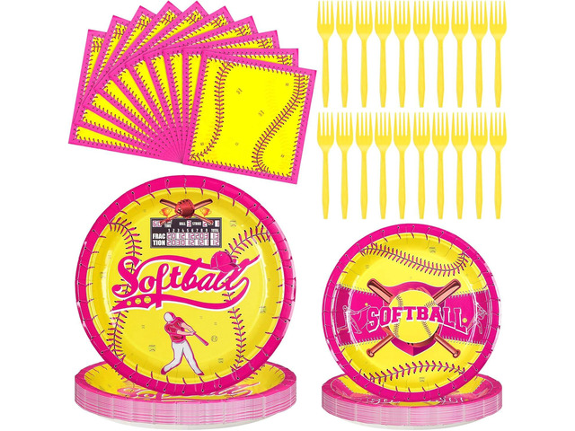 96 Pcs Softball Party Decorations for Girls Softball Party Tableware Supplies Pre-game Meal Plates Napkins Forks Set Birthday Disposable Sports...