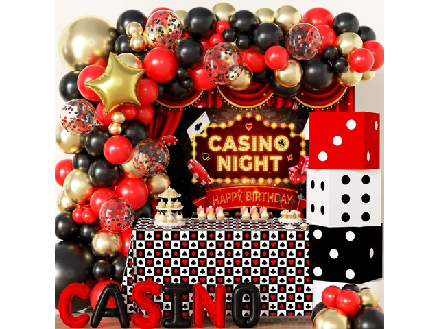 Casino Theme Birthday Party Decorations Party Backdrop, Foil Balloons, Balloons Garlands Set Las Vegas Casino Night Poker Party Supplies 62 Pack
