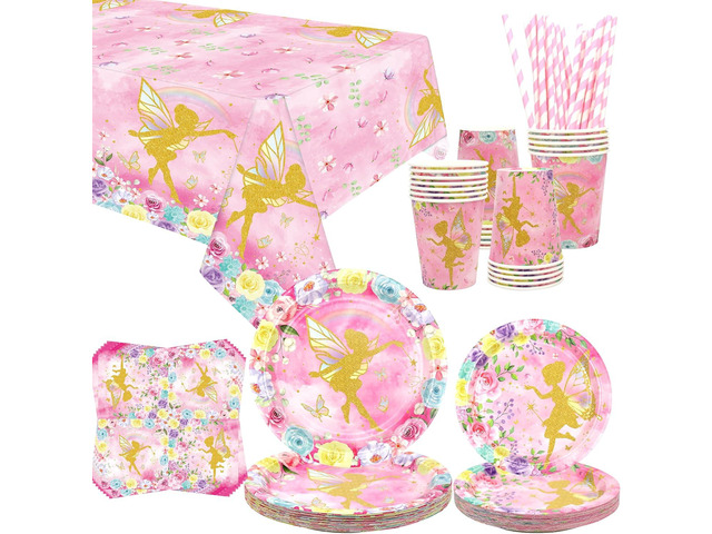 Fairy Party Supplies - Fairy Party Tableware - Dinner Plates Desserts Plates Cups Napkins Tablecover Straws for Pink Fairy Flower Girls Princess...