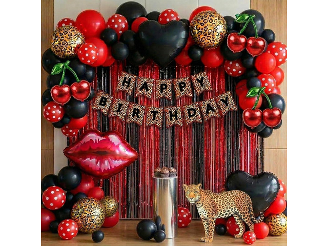 Cheetah print party decorations with Red and Black polka dot Balloon Arch & lips cherries black hearts foil balloons & Leopard print banner foil...