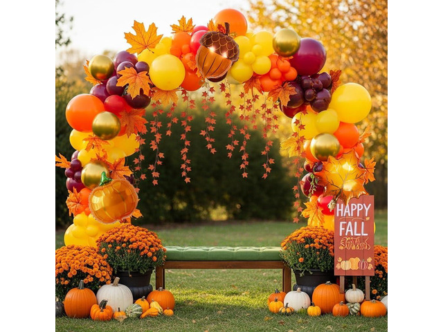 Fall Balloons Arch Garland Kit Burnt Orange Burgundy Mustard Yellow Balloon with Maple Leaf Garland Pumpkin Pine Cone Foil for Autumn Thanksgiving...