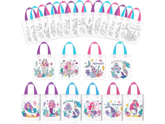 Kajaia 24 Pcs Mermaid Coloring Bags Mermaid Goodie Colorable Tote Bag with Handle Reusable Coloring Gift Favor Ocean Non Woven Colorable Craft for...