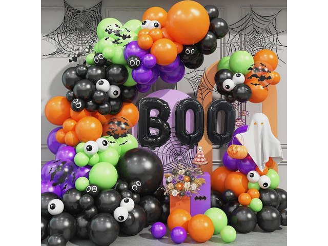 Halloween Balloon Garland Arch, Orange and Black Balloon Arch Kit with BOO Letters Foil Balloons Bat Print Purple Green Eyeball Balloons for...
