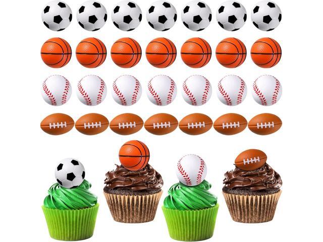 XunYee 32 Pcs Mini Foam Balls Sports Cupcake Toppers 1.6 Inch Basketball Soccer Stress Ball Small Football Baseball Cake Topper Sports Party Favors.