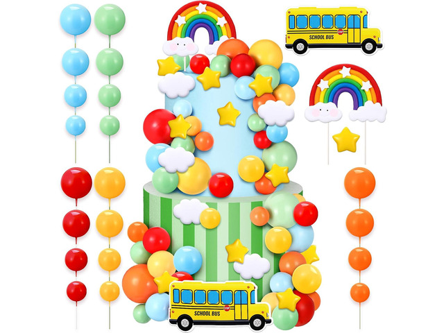 68 Pcs Rainbow Cake Toppers and School Bus Topper Kit Colorful Balls Cake Decorations for Birthday Party Supplies Birthday Theme Decor, Colorful