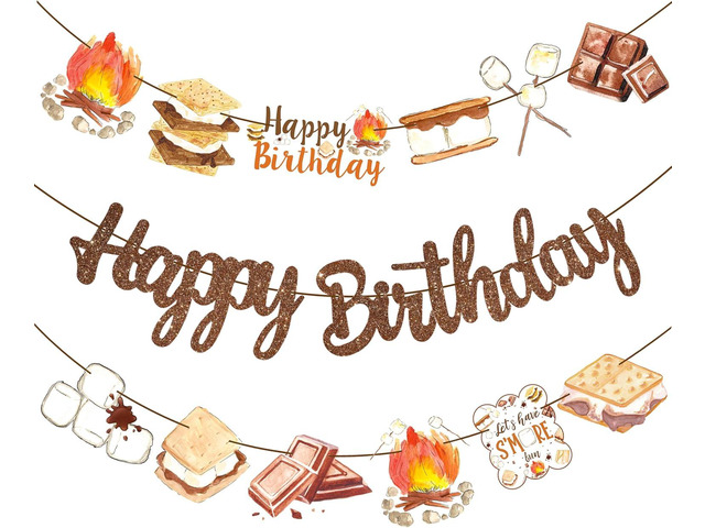 S'more Birthday Party Banners S'more Party Happy Birthday Banners Bonfire Camping Theme Hanging Decoration for Campfire Camper Birthday Party Baby...