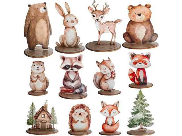 12Pcs Woodland Animal Figurines and Wooden Table Signs Enchanted Forest Decor Rustic Tiered Tray Centerpieces for Baby Shower Birthday Camp Party...