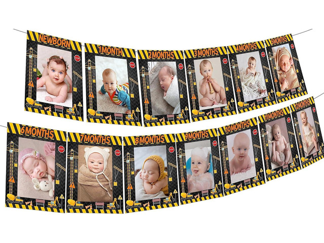 Sursurprise Construction 1st Birthday Party Supplies, Construction Photo Banner from Newborn to 12 Months, Dump Truck Excavator Vehicle First...