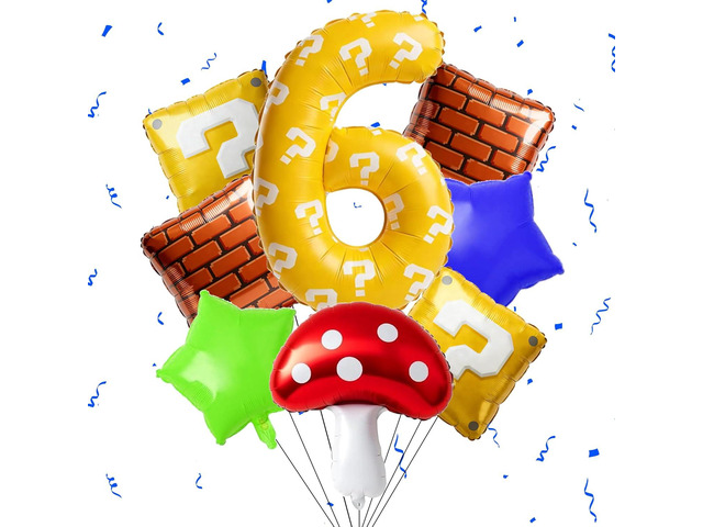 40 Inch Yellow Question Mark Number 6 Balloon Set,Video Game Theme Birthday Party Decoration Mushroom Question Mark Square Star Shaped Balloon...