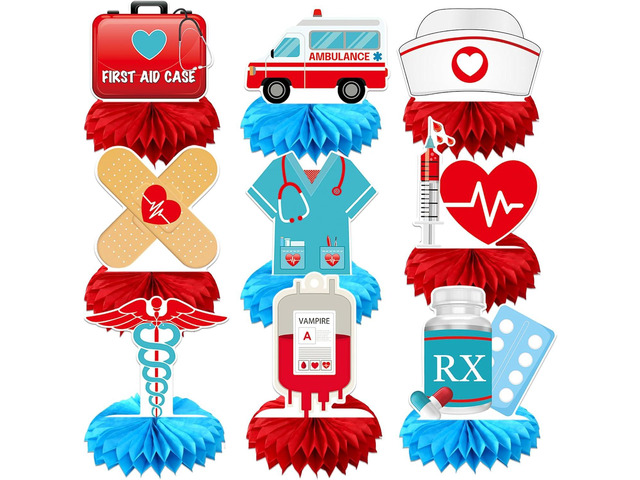 9 Pcs Medical Honeycomb Centerpieces, 3D Nurse Doctor Themed Tissue Paper Table Decorations with First Aid Kit, Syringe, Ambulance, Nurse Hat,...