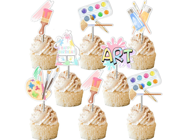 Art Birthday Party Decorations Girl - 24pcs Art Paint Party Cupcake Toppers, Pastel Rainbow Birthday Party Cake Decor for Crayon Painting Drawing...