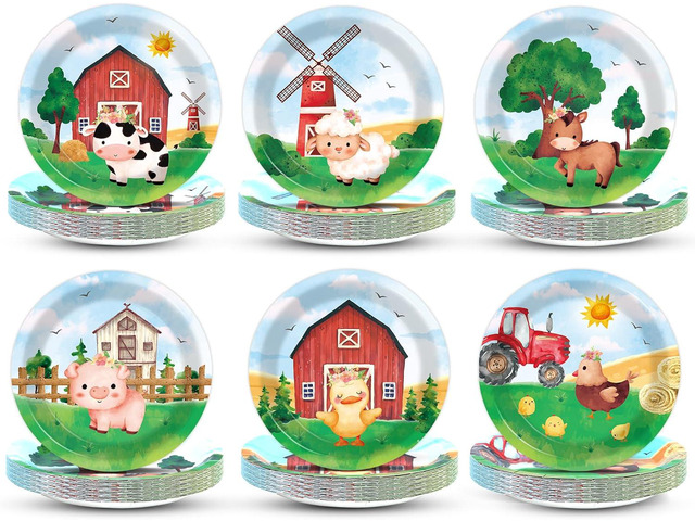 60Pcs Farm Animal Plates 7 Farmhouse Barnyard Large Disposable Paper Plates Farm Zoo Birthday Party Decorations Supplies for Kids Boys Girls...