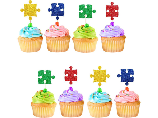 24pcs Puzzle Cupcake Toppers, Primary Colored Puzzle Cupcake Toppers, Colorful Glitter Puzzle Cake Decoration for Baby Shower, Kids Birthday/Autism...